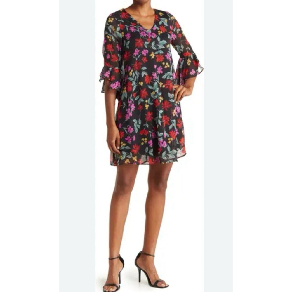 Calvin Klein Women's Floral Ruffle Bell Sleeve Shift Dress Size 10